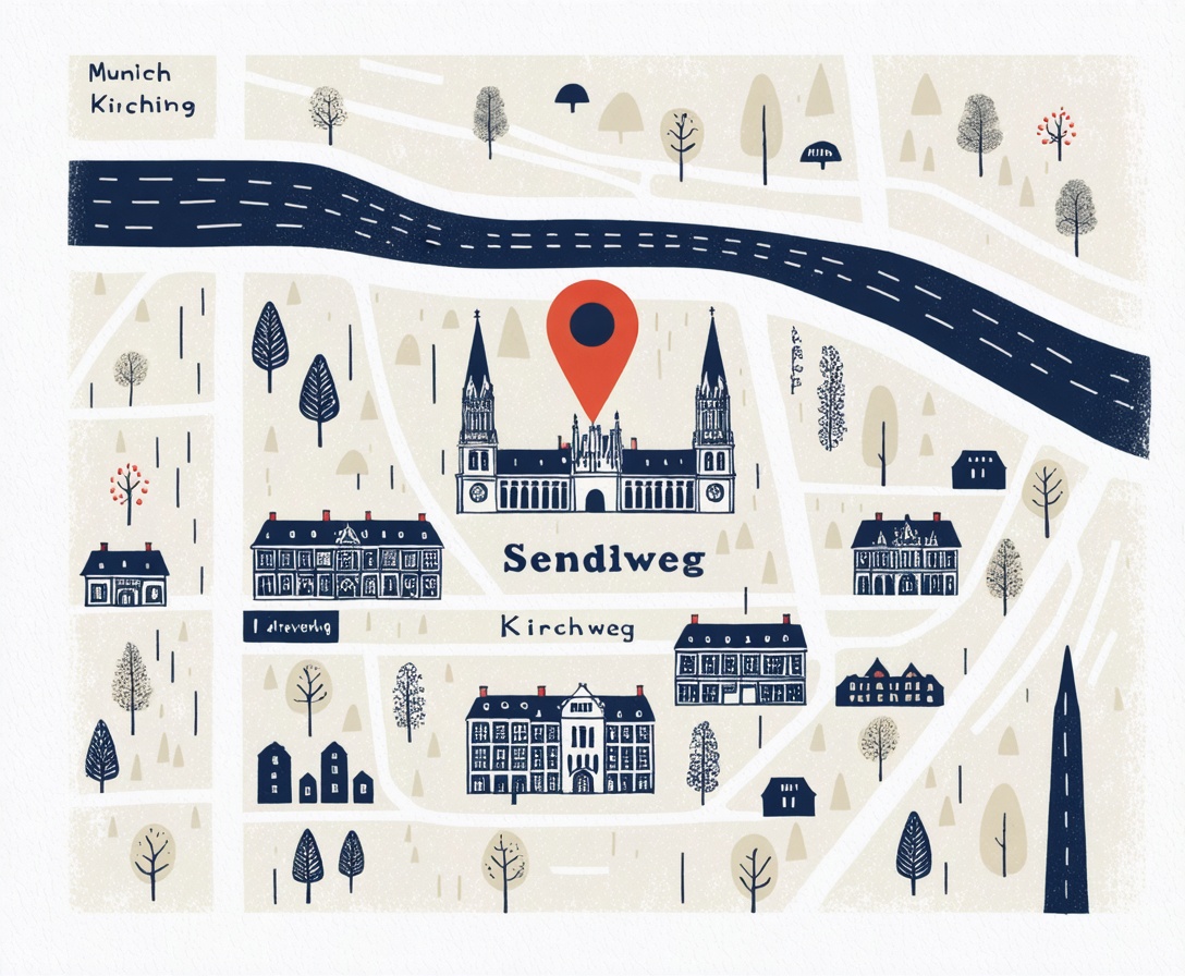Artistische Karte von München-Sendling mit Standort des Kirchwegs
